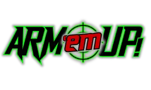 Logo with the text 'ARM'em UP!' in bold, stylized font with green, red, and black colors on a white background.