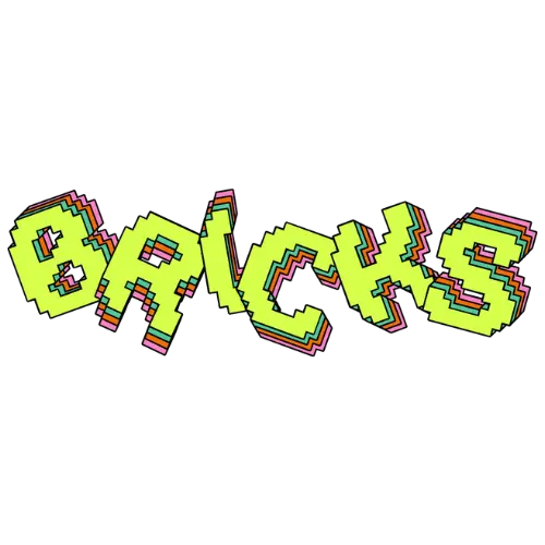 Pixelated text 'BRICKS' in bright colors on a white background