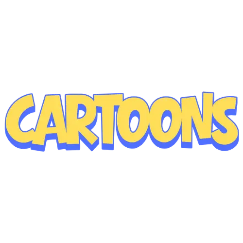 The word 'Cartoons' in yellow with blue outlines on a white background