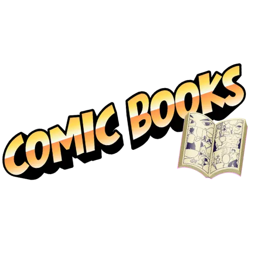 Comic books text with a comic book graphic on a white background