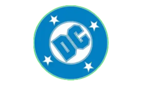 DC Comics logo with blue circle and stars on a white background