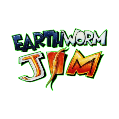 Logo of 'Earthworm Jim' with colorful text and a worm graphic on a white background