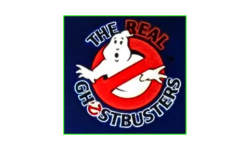 Logo of 'The Real Ghostbusters' with a ghost icon and red circle on a blue background.