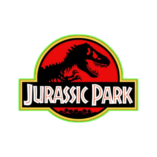 Jurassic Park logo with a dinosaur silhouette on a red background