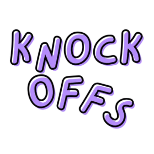 Purple text 'KNOCK OFFS' on a white background