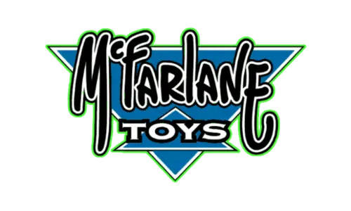 McFarlane Toys logo with a blue and green shield on a white background