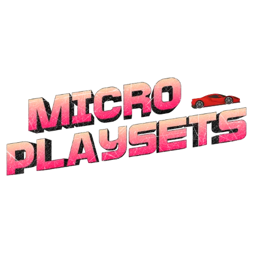 Text 'MICRO PLAYSETS' with a gradient effect and a small red car icon on a white background.