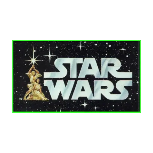 Star Wars logo with a character in a gold outfit against a starry space background