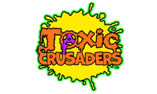 Logo of 'Toxic Crusaders' with a yellow splash background on a white background