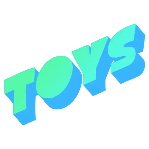 3D text 'TOYS' in blue and green on a white background