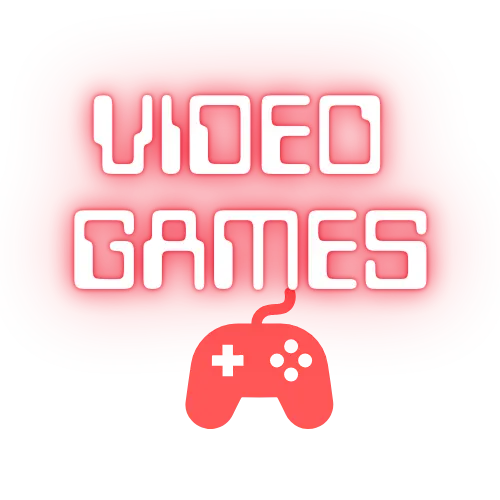 Neon-style 'VIDEO GAMES' text with a gaming controller icon on a white background
